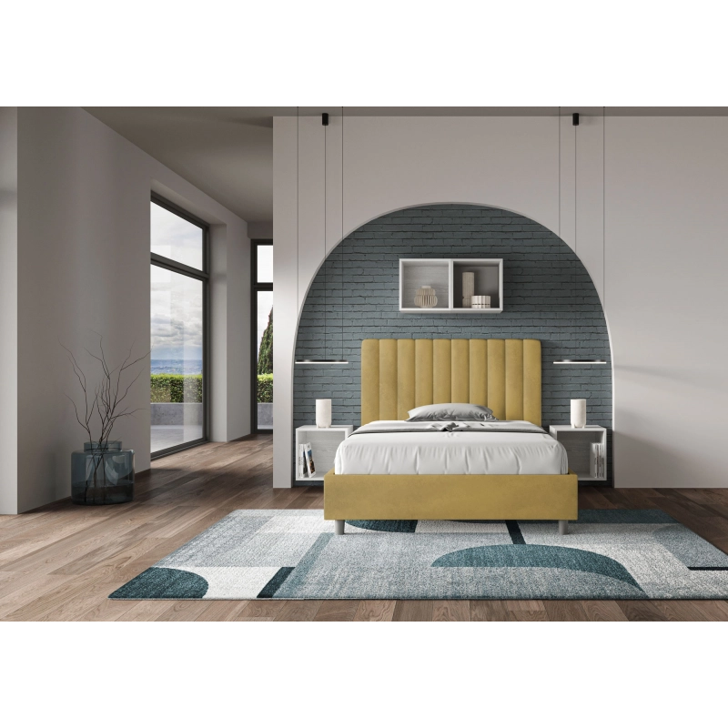 Letto imbottito 1 piazza e mezza 120x210 cm Agueda - Con rete,Microfibra,Ocra