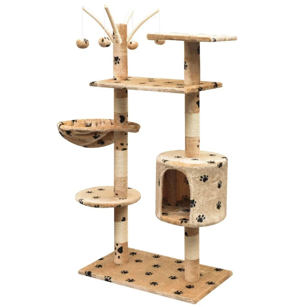 Tiragraffi albero per gatti cuccia per gatti giocattolo peluche e sisal 125 cm impronte di zampe beige 3702103
