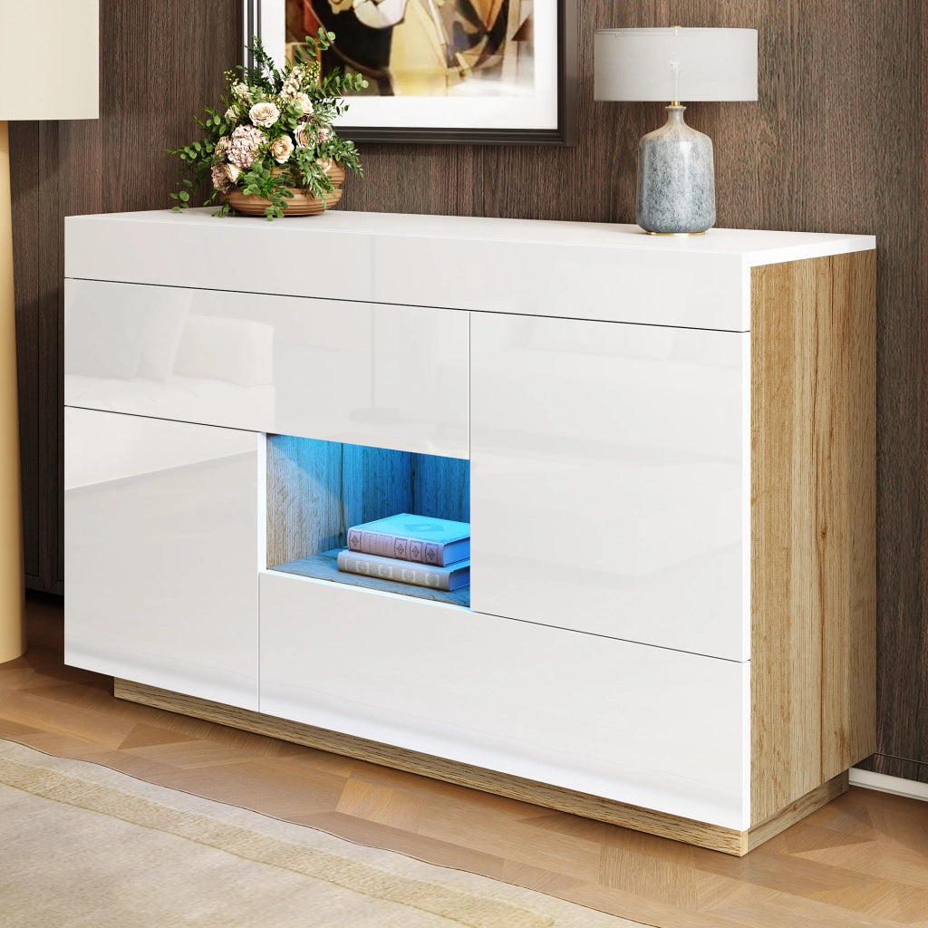 Madia con 2 Ante; 2 Cassetti e 1 Vano a Giorno; LED 16 Colori con App; Bianco Lucido ed Effetto Legno; 120??37??76;5 cm