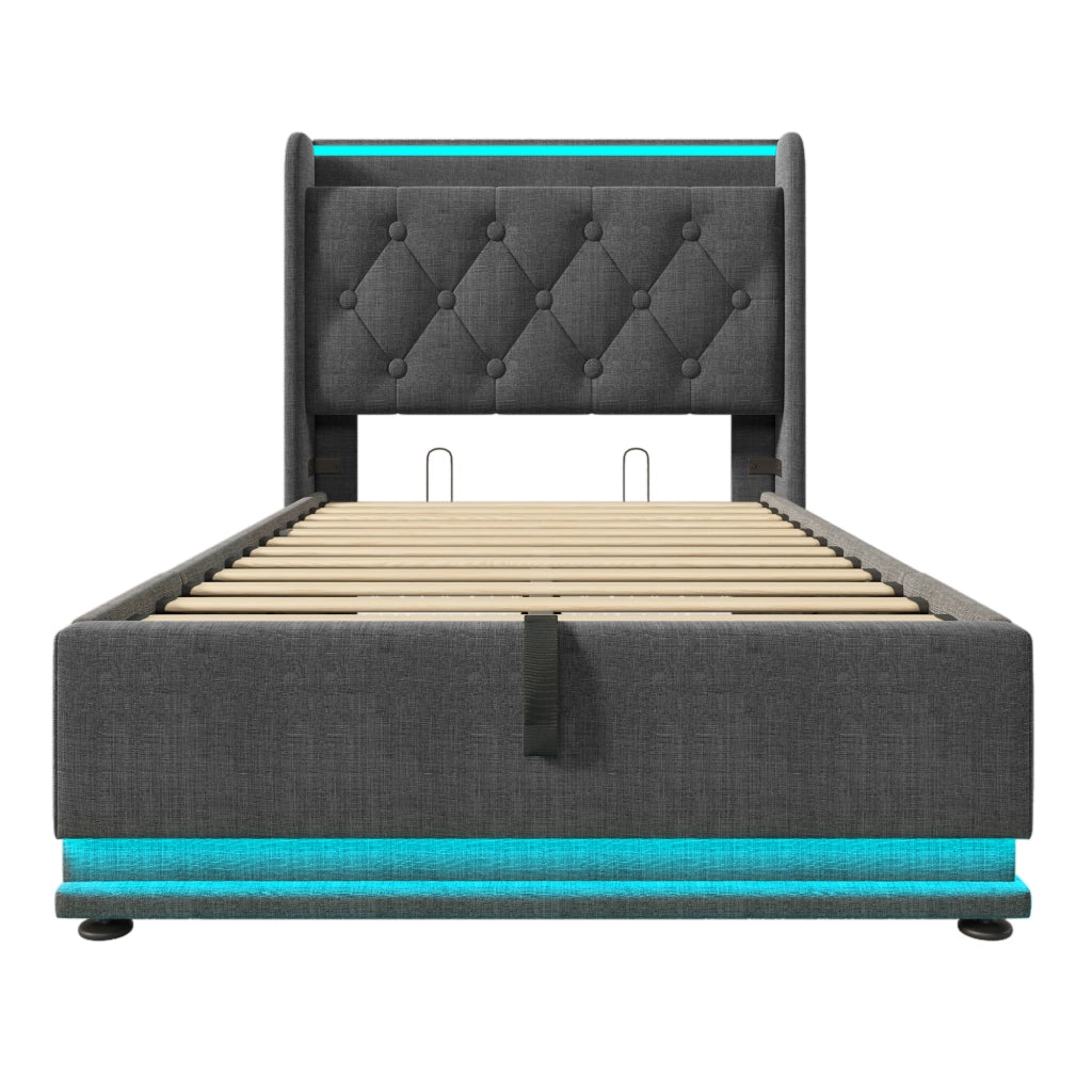 Letto singolo 90x200cm con LED 360°, USB e contenitore idraulico, grigio capitonné