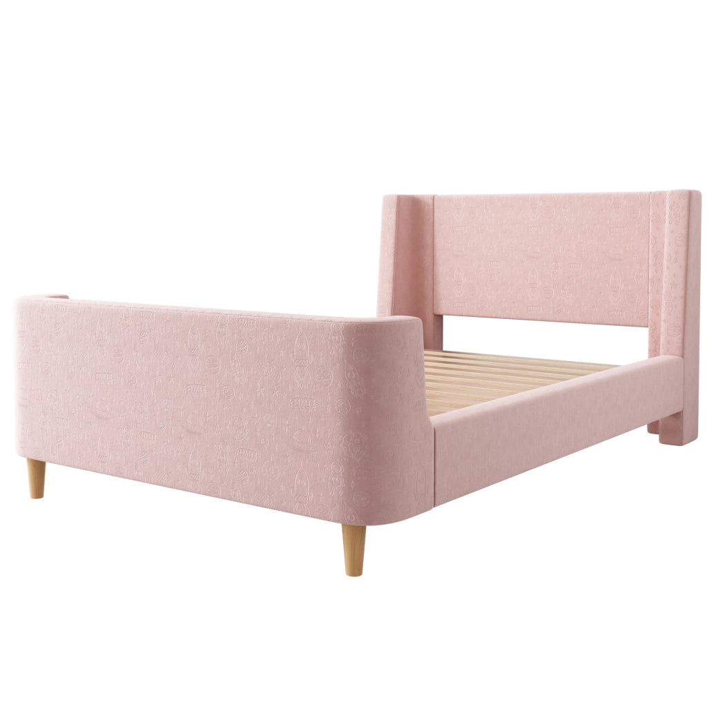 Letto singolo imbottito a slitta 90x200 cm in velluto rosa