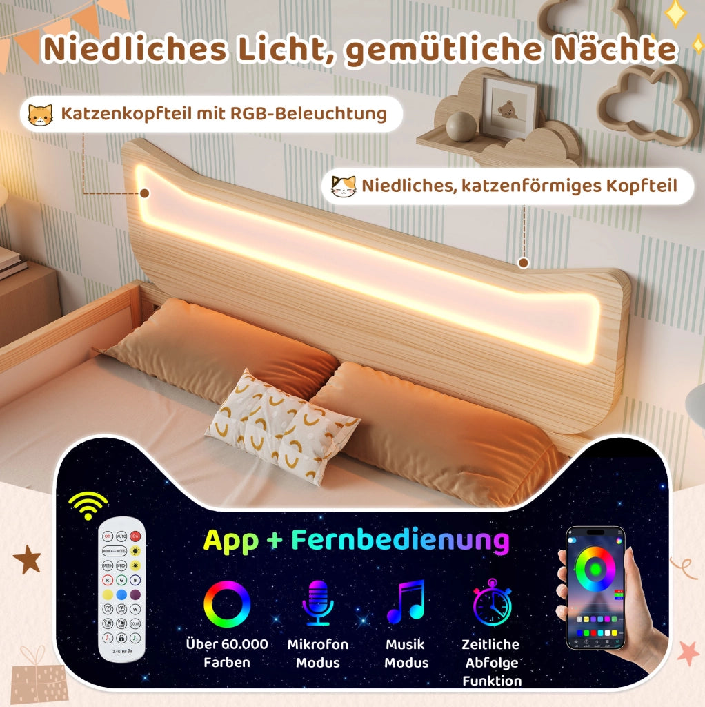 Letto per bambini 140x200 cm con testiera a forma di gatto; LED RGB; legno bianco e rovere