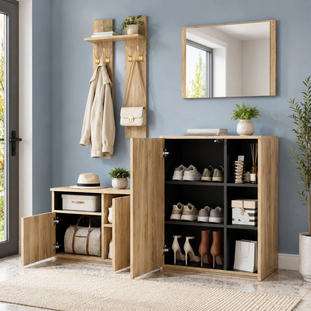 Set mobili ingresso 4 in 1 con specchio; appendiabiti; scarpiera e panca 120x35x123 cm nero/naturale HOMVRA