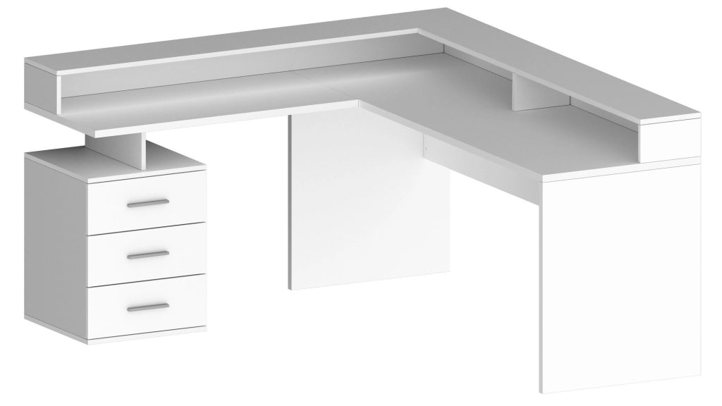 Scrivania Leonilda, Scrittoio angolare con sopralzo, Scrivania ufficio multiuso, 180x90h160 cm, Bianco