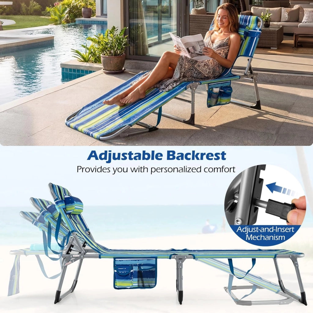 Sole pieghevole, schienale regolabile in 4 posizioni, sedia reclinabile da spiaggia, poggiatesta rimovibile e fori per il viso e il braccio, lettino per piscina, 169-193 x 60 x 35-80 cm