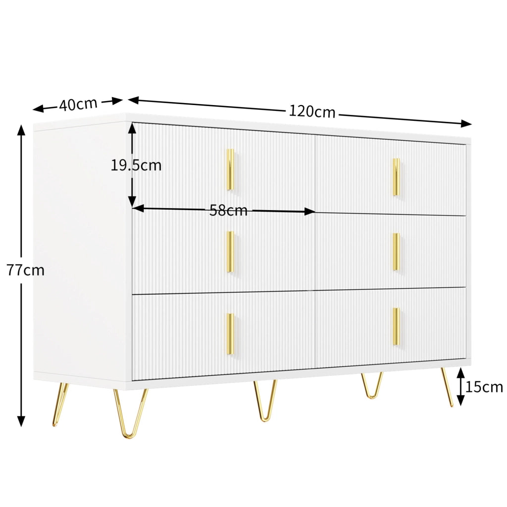 Credenza 120 x 40 x 77 cm con 6 cassetti; truciolare; bianco e oro