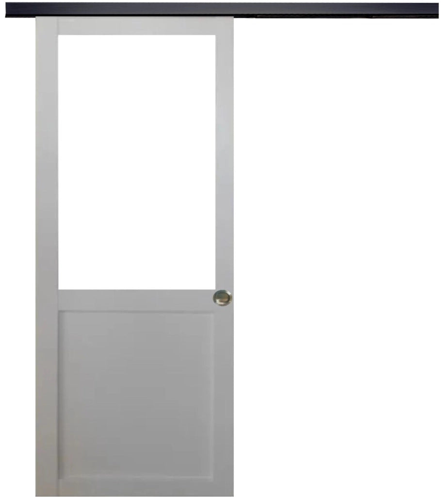 Porta scorrevole officina bianca H204 x L93 senza montante + binario in alluminio nero e 2 gusci