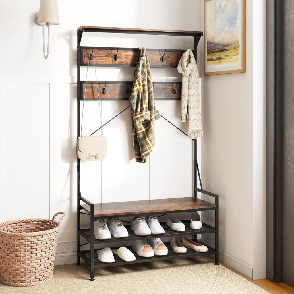 Appendiabiti albero da ingresso 4-in-1 con 11 ganci, Panca per scarpe scarpiera a 2 ripiani Marrone-Appendiabiti