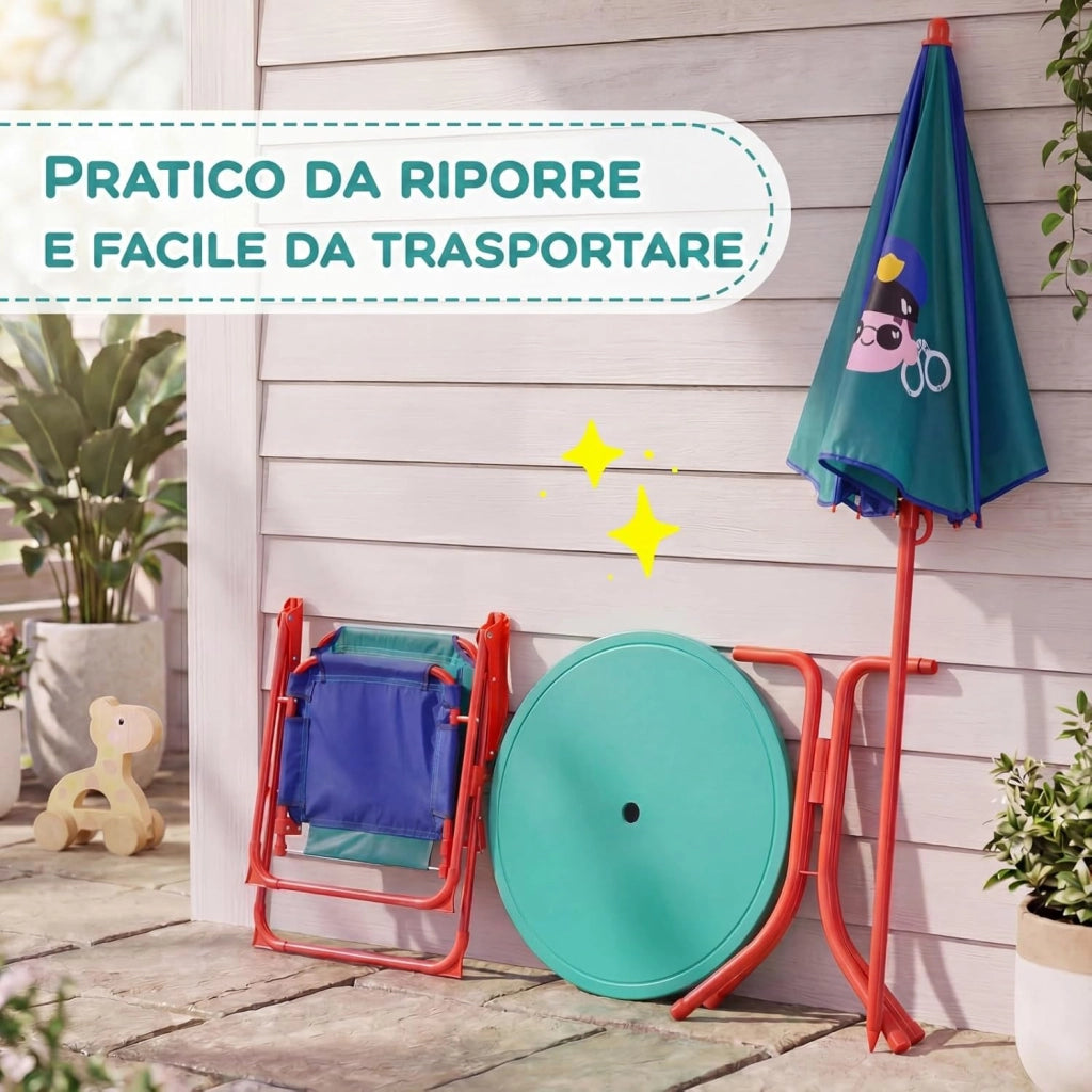 Set Tavolo e Sedie da Giardino per Bambini 3+ Anni con Ombrellone | Set da Esterno 4 Peezi Regolabile in Altezza con Tavolino Rotondo, 2 Sedie Pieghevoli e Ombrellone per Campeggio e Picnic