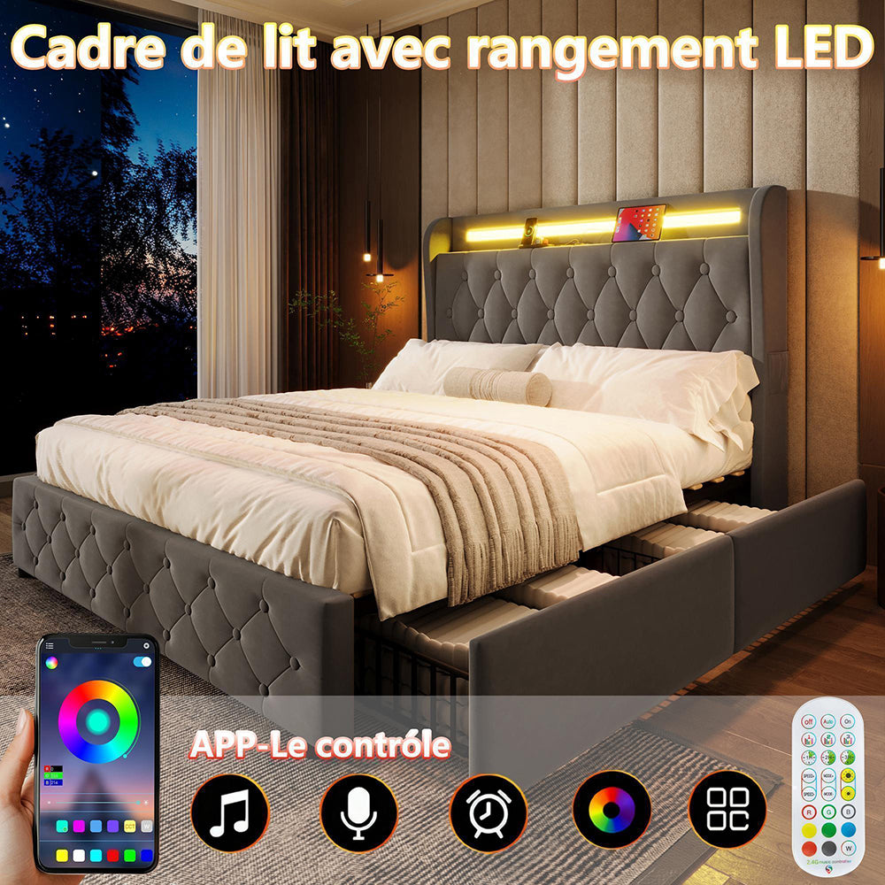 Letto imbottito 140x190 - Xylo - LED, USB, testiera con scaffali, 4 cassetti, velluto