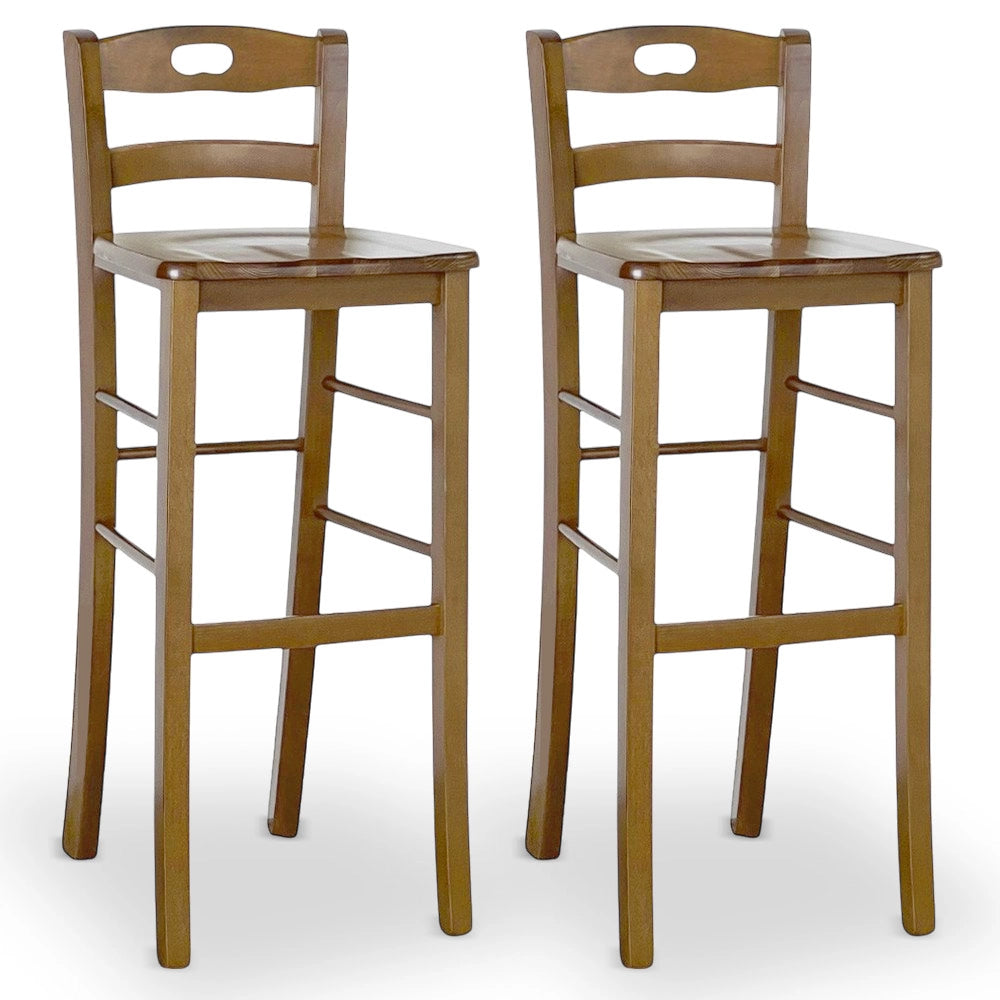Set 2 sgabelli da bar h 80 cm in legno noce chiaro con manico e seduta massello