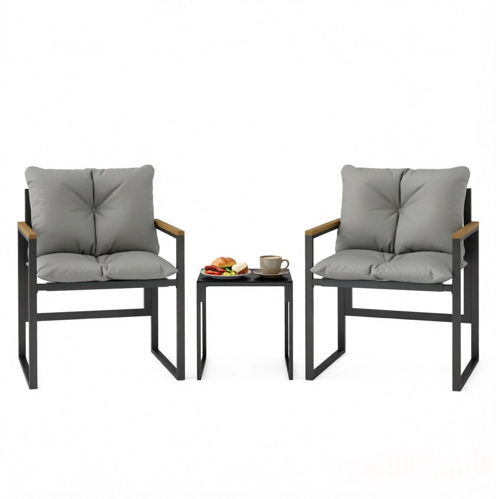 Set da giardino 3 pezzi con 2 sedie e tavolino in metallo nero e grigio; 64x62x68 cm