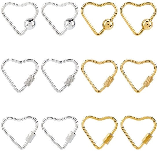 Fermooggetti a forma di pistola in acciaio inossidabile - 12 pezzi - chiusura a vite - design a forma di cuore - clip per chiavi - dimensioni 25 mm x 23 mm