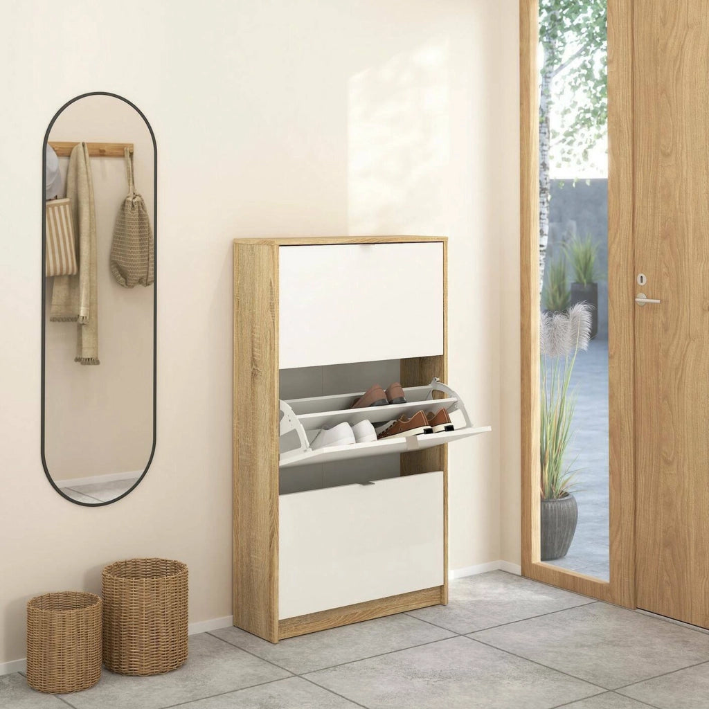 Scarpiera Irina, Mobile portascarpe, Armadio da ingresso multiuso, Mobiletto per calzature, 70x24 h124 cm, Quercia e Bianco
