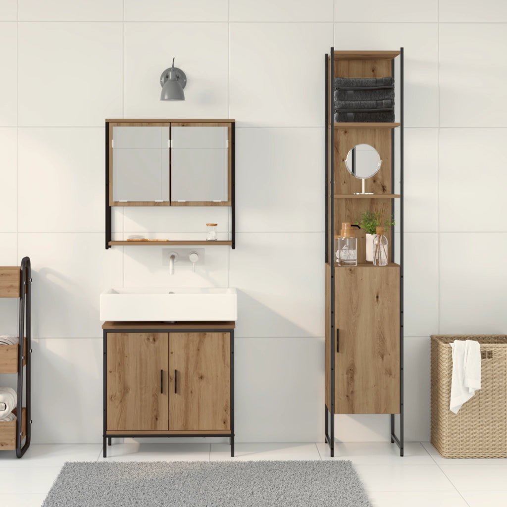 Set di Mobili da Bagno in 3 Pezzi in Rovere Artigianale in Legno Ingegnerizzato