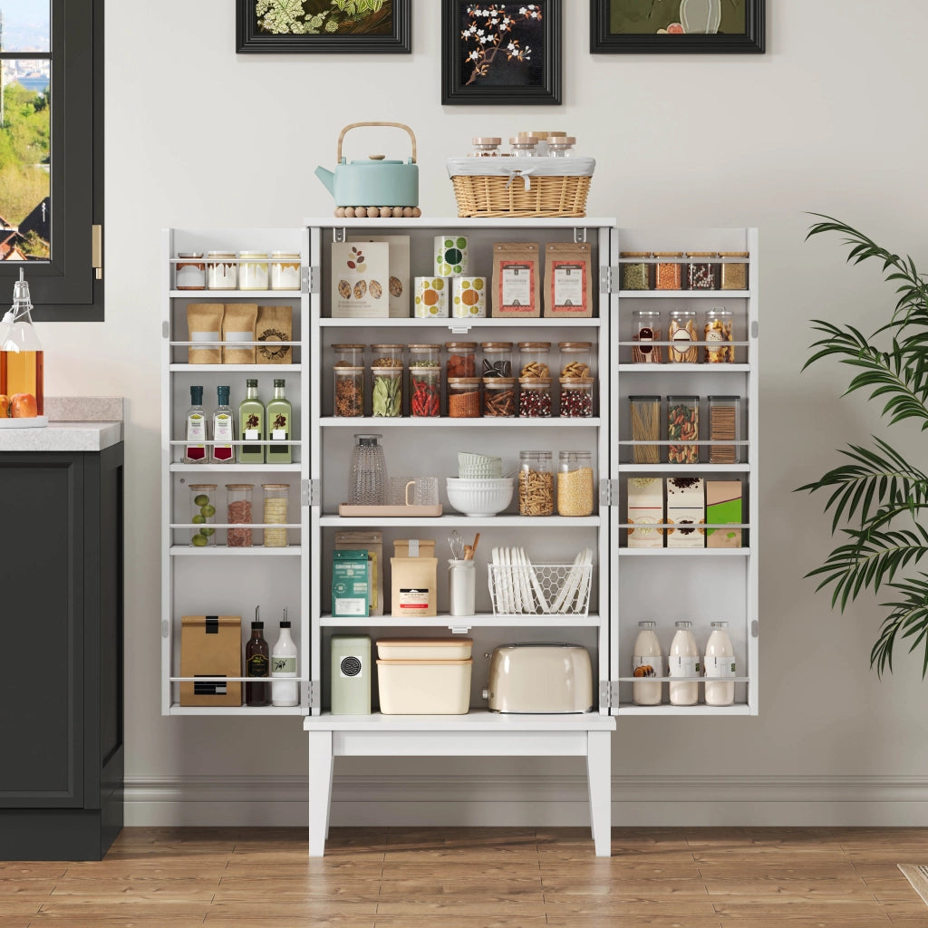 Credenza a 2 ante con 5 vani e chiusure a riga, per cucina, soggiorno e ingresso, in MDF bianco, 120 × 59 × 30 cm