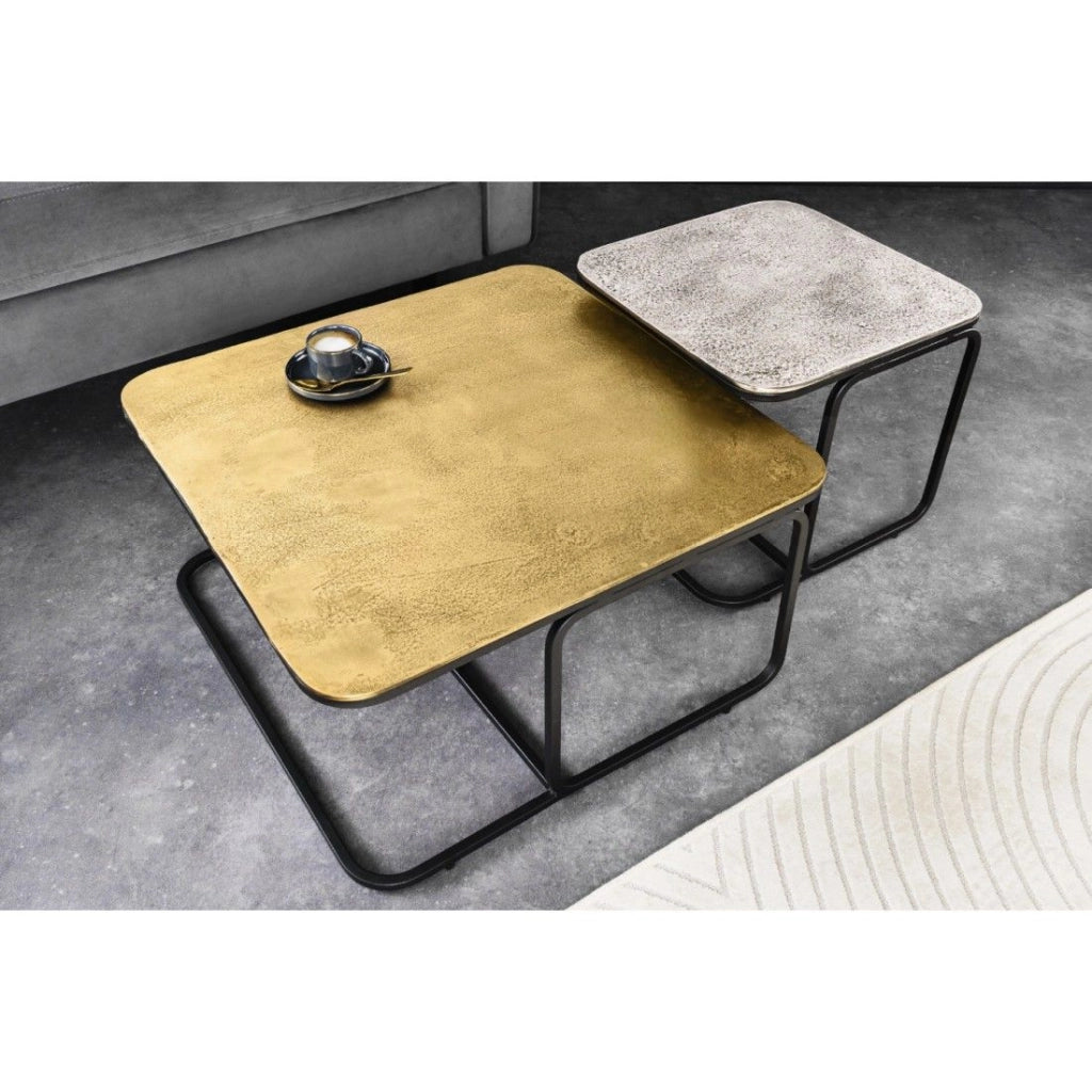 Set di 2 tavolini METRIX quadrati dorati e argentati - Tavolini design impilabili in metallo