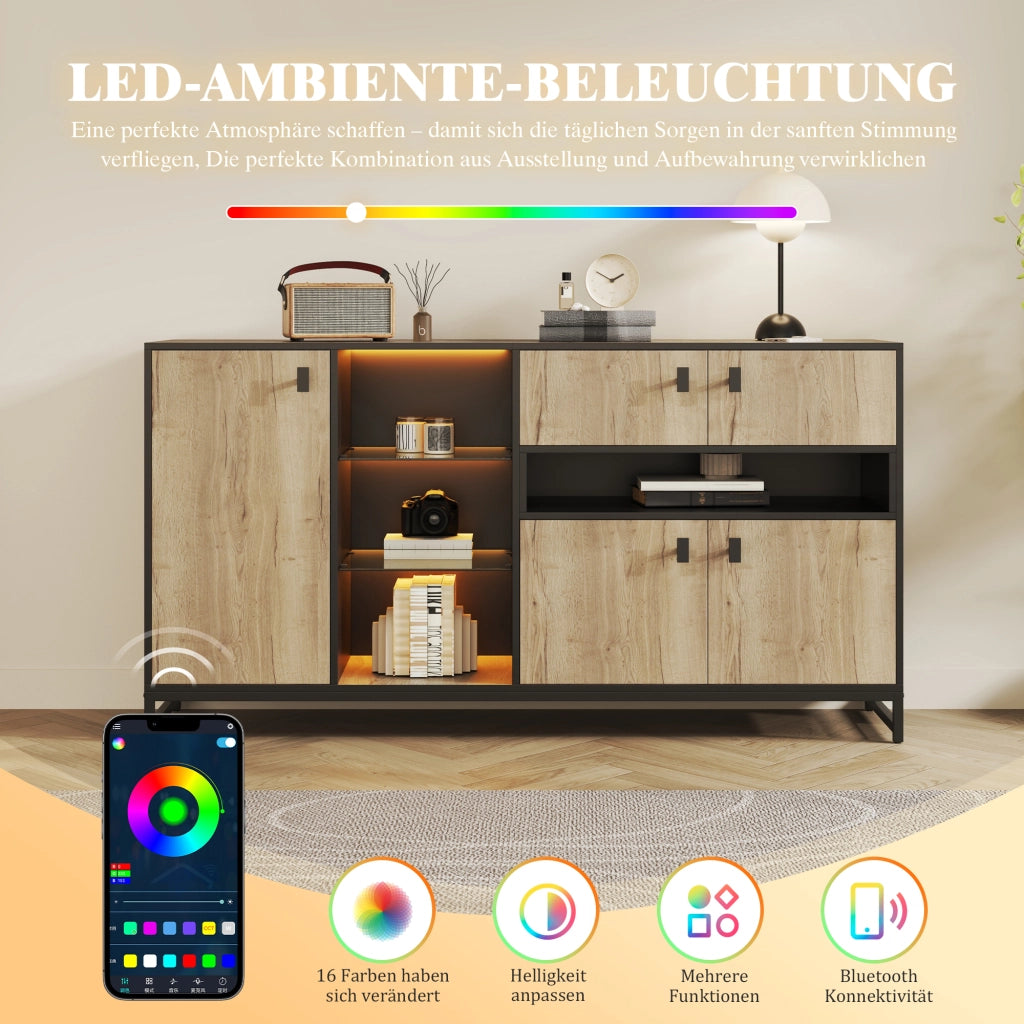 Credenza con 2 ante; ripiano regolabile e illuminazione LED - per soggiorno - 160×40×84.5 cm - naturale