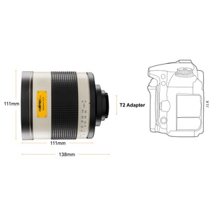 Obiettivo fotografico catadiottrico 800/8.0 compatibile con Sony E - lunghezza 131mm - per lungh. focale 800mm - sensore full-frame/APS-C - adattatore T2 - messa a fuoco ravvicinata 3,5m