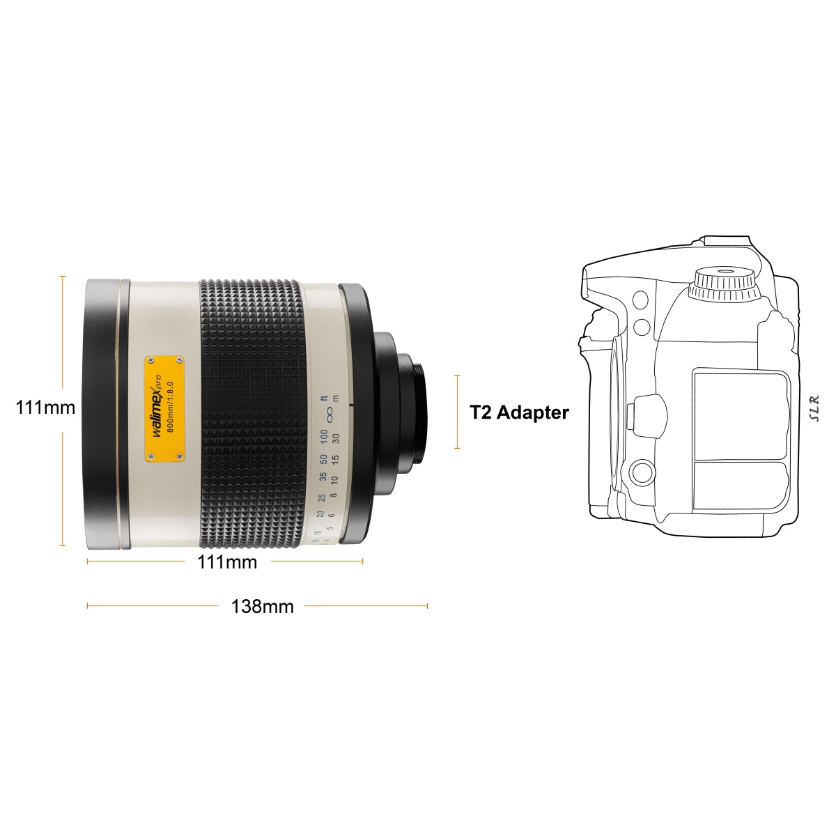 Obiettivo fotografico catadiottrico 800/8.0 compatibile con Sony E - lunghezza 131mm - per lungh. focale 800mm - sensore full-frame/APS-C - adattatore T2 - messa a fuoco ravvicinata 3,5m