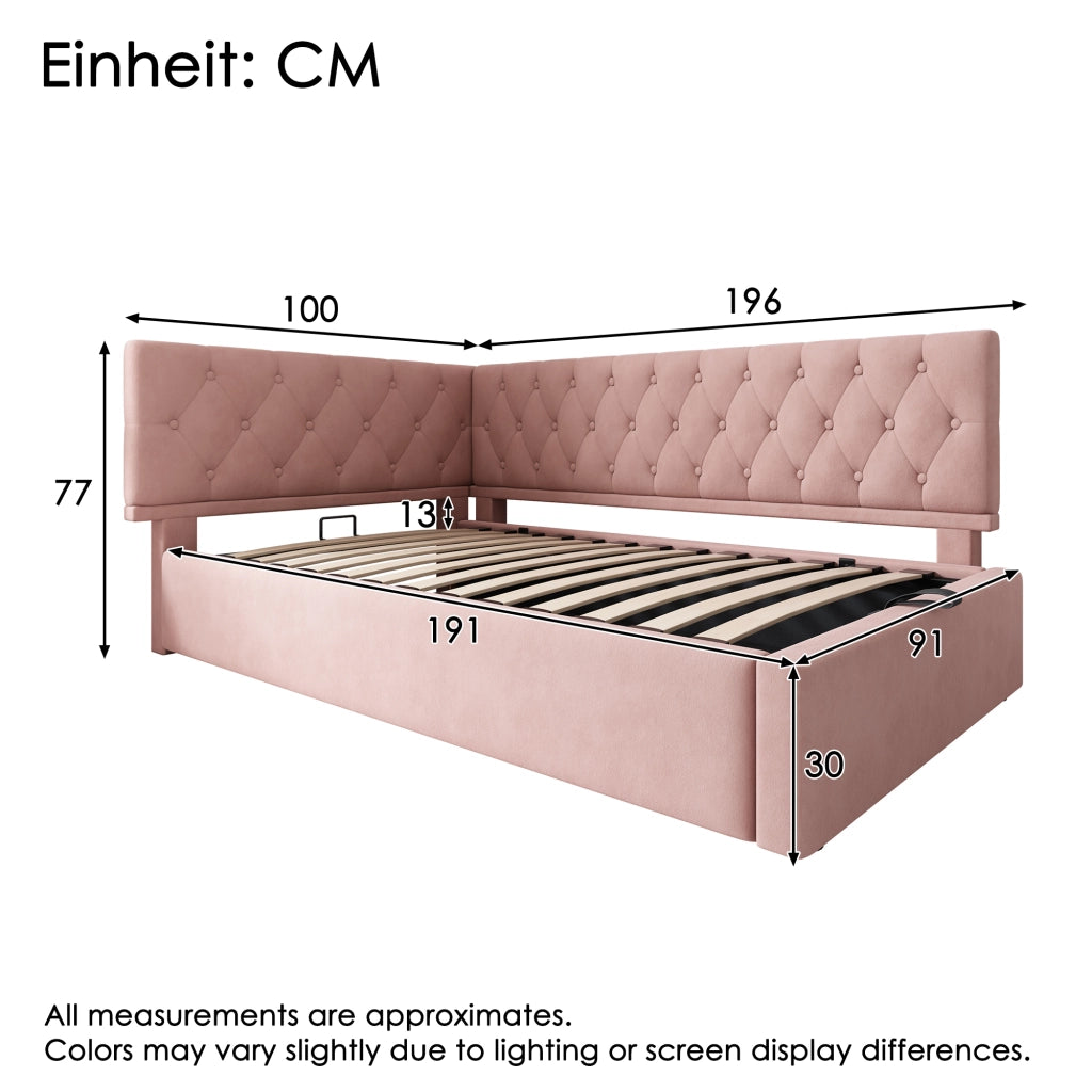 OKWISH Letto a Divano 90×190 cm, Letto Singolo con Contenitore, Testiera Reversibile e Rivestimento in Velluto, senza Materasso, Rosa