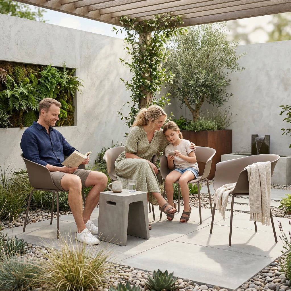 Serie di sedie da giardino con 4 sedie ergonomiche ritagliate; braccioli; caffè resistente alla ruggine