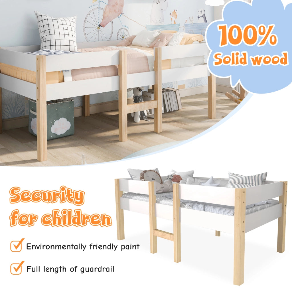 Letto a Soppalco 90 x 200 cm; Letto Singolo con Sponda di Sicurezza e Scala; senza Materasso; Legno Massello Bianco
