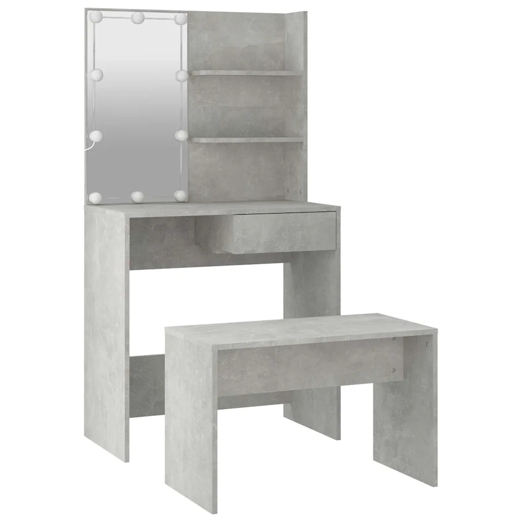 Set Tavolo da Toeletta | Tavolo da Trucco Grigio Cemento con LED Legno Multistrato