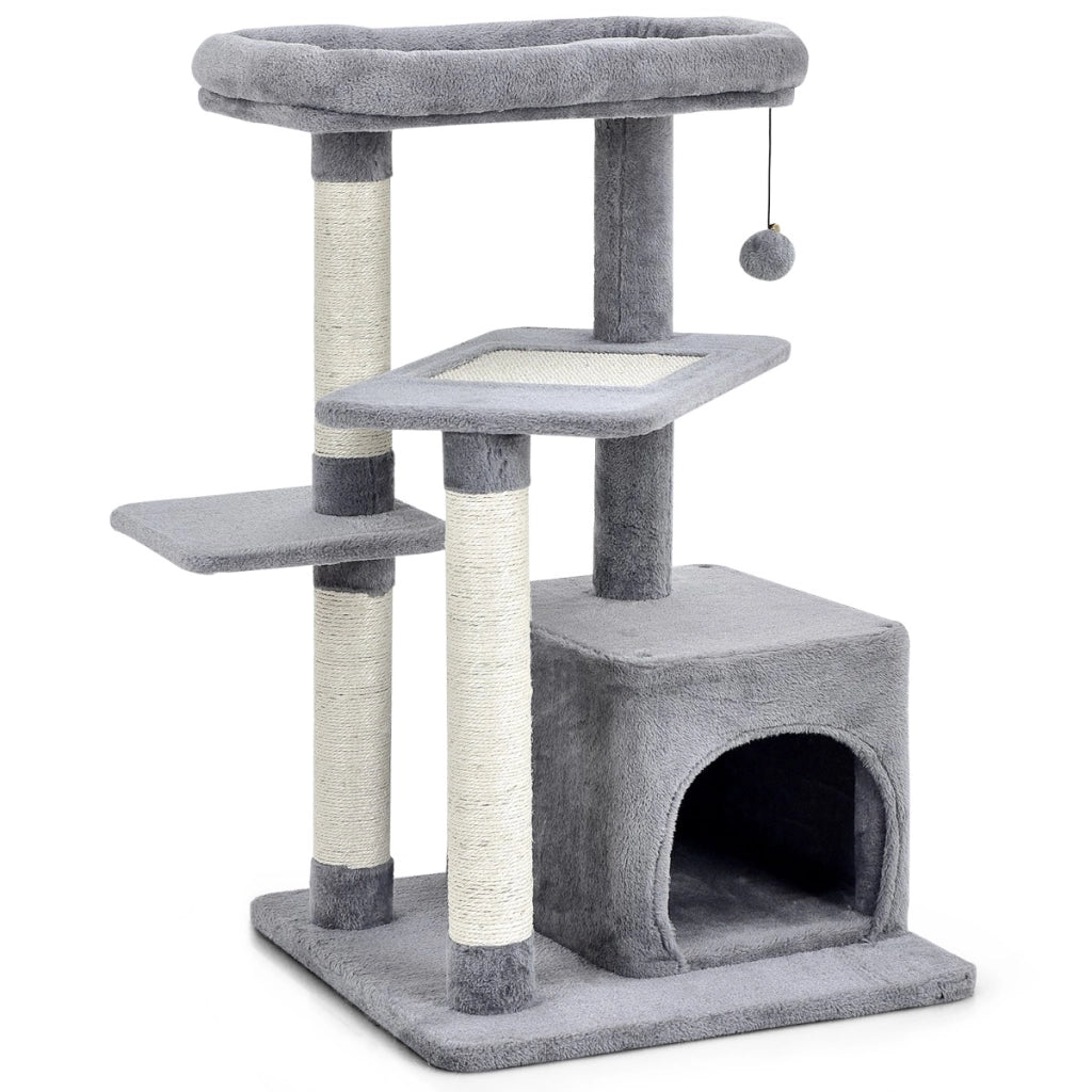Albero per gatti a 4 piani con tiragraffi e pallina di peluche, Torre per gatti con piattaforma per saltare Grigio