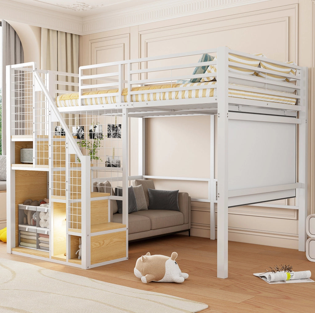 Letto a soppalco 140x200 cm con scala e vano guardaroba