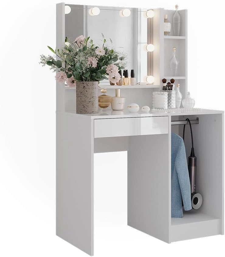Tavolo da toeletta Sherry, Bianco/bianco lucido, 89.8 cm 4 parti, con illuminazione LED e specchio integrato fisso
