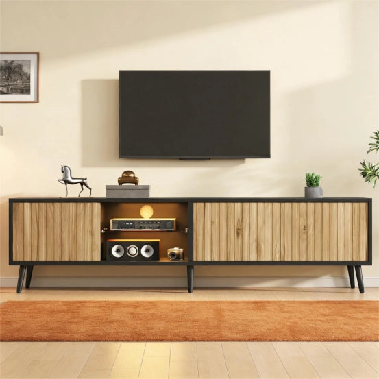Mobile TV LED Lowboard ¨C Xylo ¨C Legno Naturale e Nero, 175x31x43 cm, Vetro Temperato, per 75 Pollici