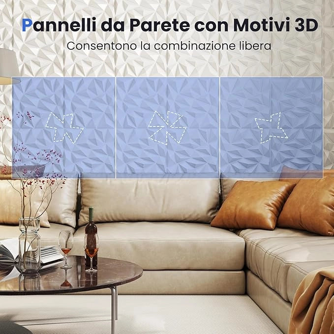 40 Pezzi 3D Pannelli Murali 50 x 50 cm, Pannello da Parete 3D Diamante, Decorazione Interna da Parete in PVC, 10 m², per Soggiorno Camera da Letto (10㎡,Bianco)