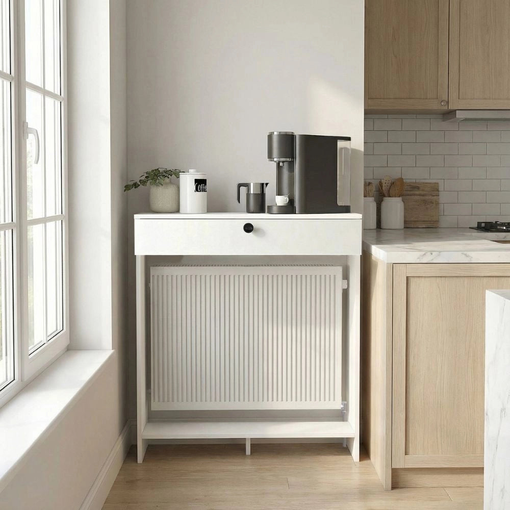 Consolle Copri Termosifone Opelya 90 cm Bianca con Anta a Ribalta – Design Salvaspazio