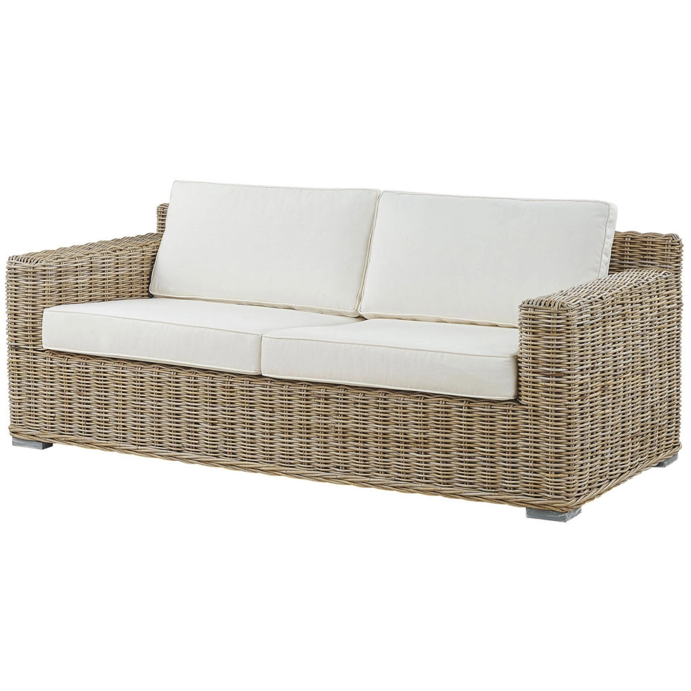 Divano da giardino in vimini rattan marrone chiaro da esterno a 2 posti con cuscini bianchi