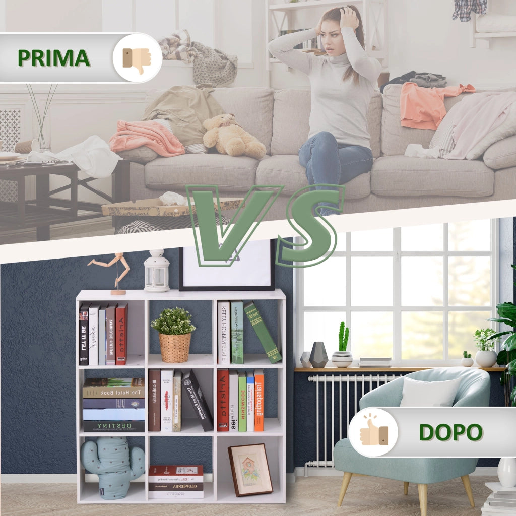 Libreria Bianca per Casa e Ufficio, Scaffale dal Design Moderno con 9 Scomparti in Legno, 91x29.5x91cm
