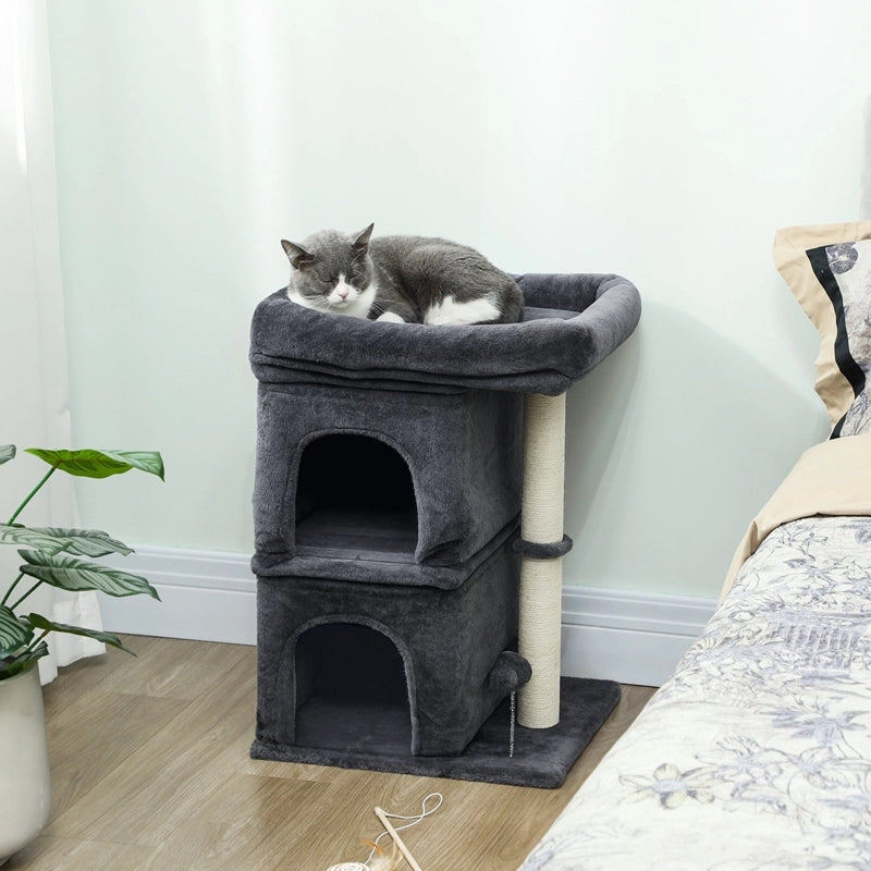 Albero tiragraffi compatto per gatti con 2 cucce, piattaforma e pallina, grigio scuro