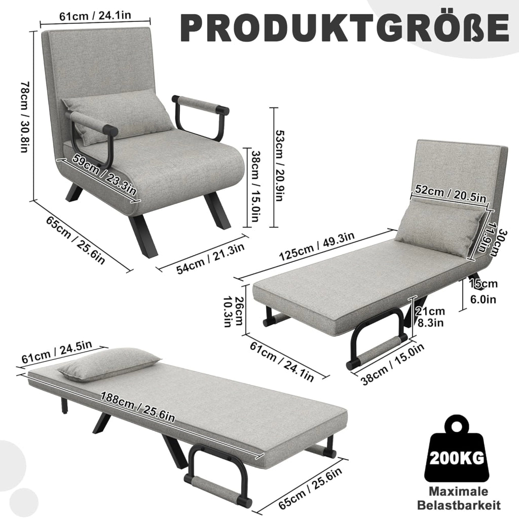 Divano letto 3 in 1 con funzione letto, divano letto con schienale regolabile e cuscino fino a 200 kg, portata 65 x 61 x 78 cm, 1 posto, grigio