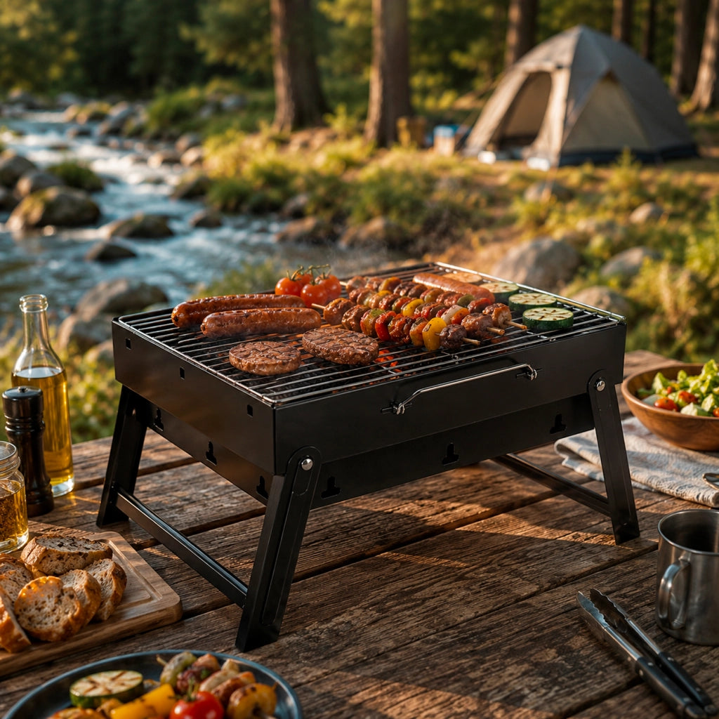 Barbecue A Carbone Portatile Pieghevole BBQ Con Griglia In Metallo Struttura Resistente Maniglia Integrata E Ventilazione Laterale 45.5 x 29.5 x 23 Cm Nero