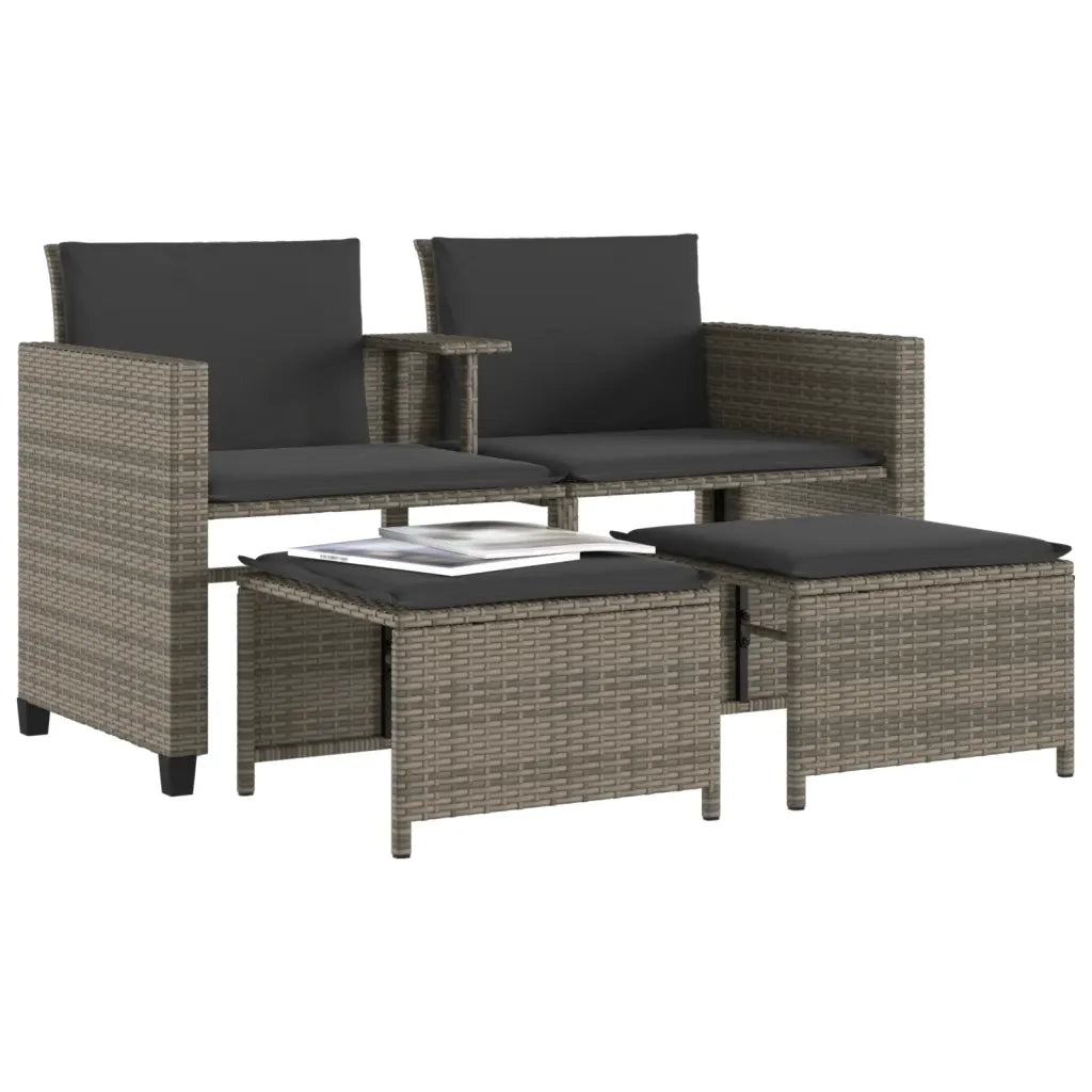 Divano Giardino 2 Posti con Tavolo e Sgabelli Grigio Polyrattan 368418