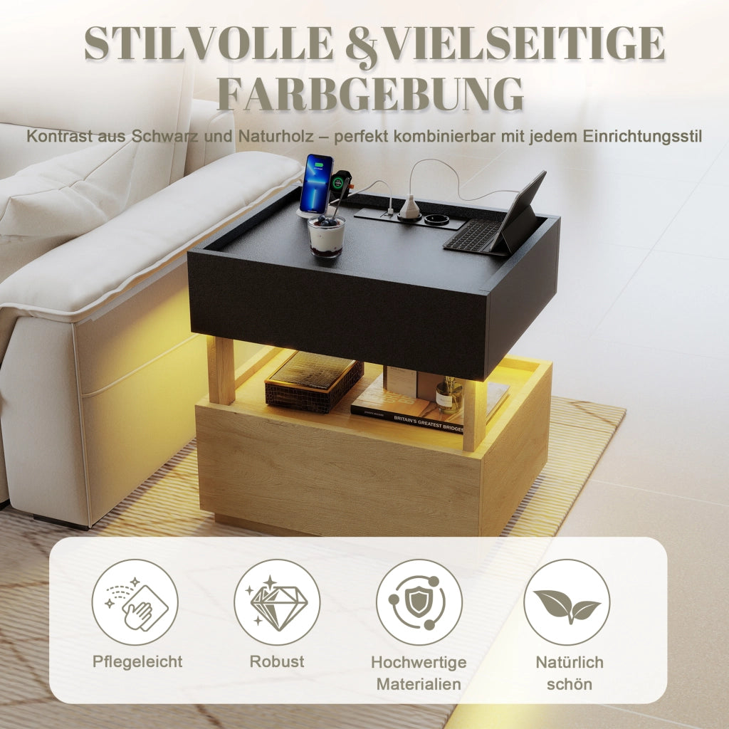 Comodino con ricarica wireless, LED e 2 cassetti per camera da letto, nero e naturale 50 × 40 × 50 cm