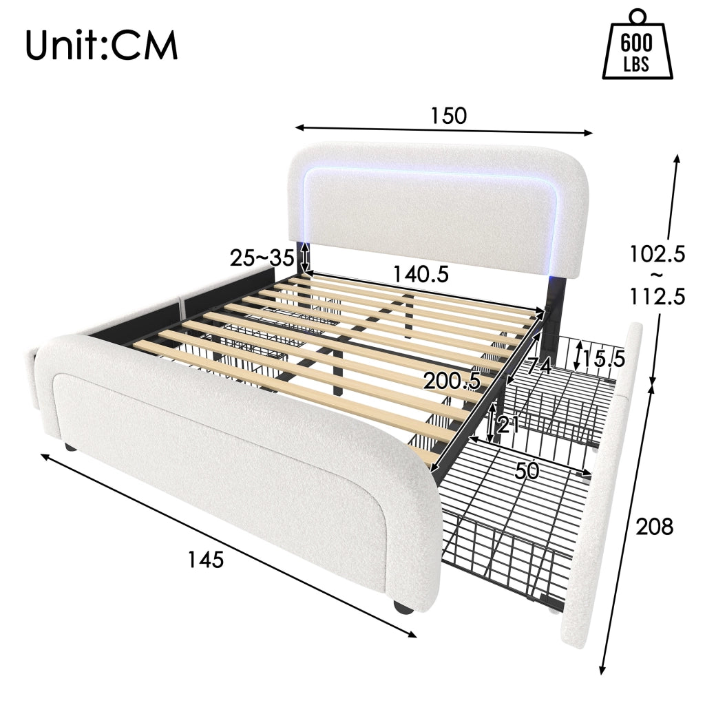 Letto matrimoniale 140x200 con USB-C, LED, 4 cassetti e materasso incluso