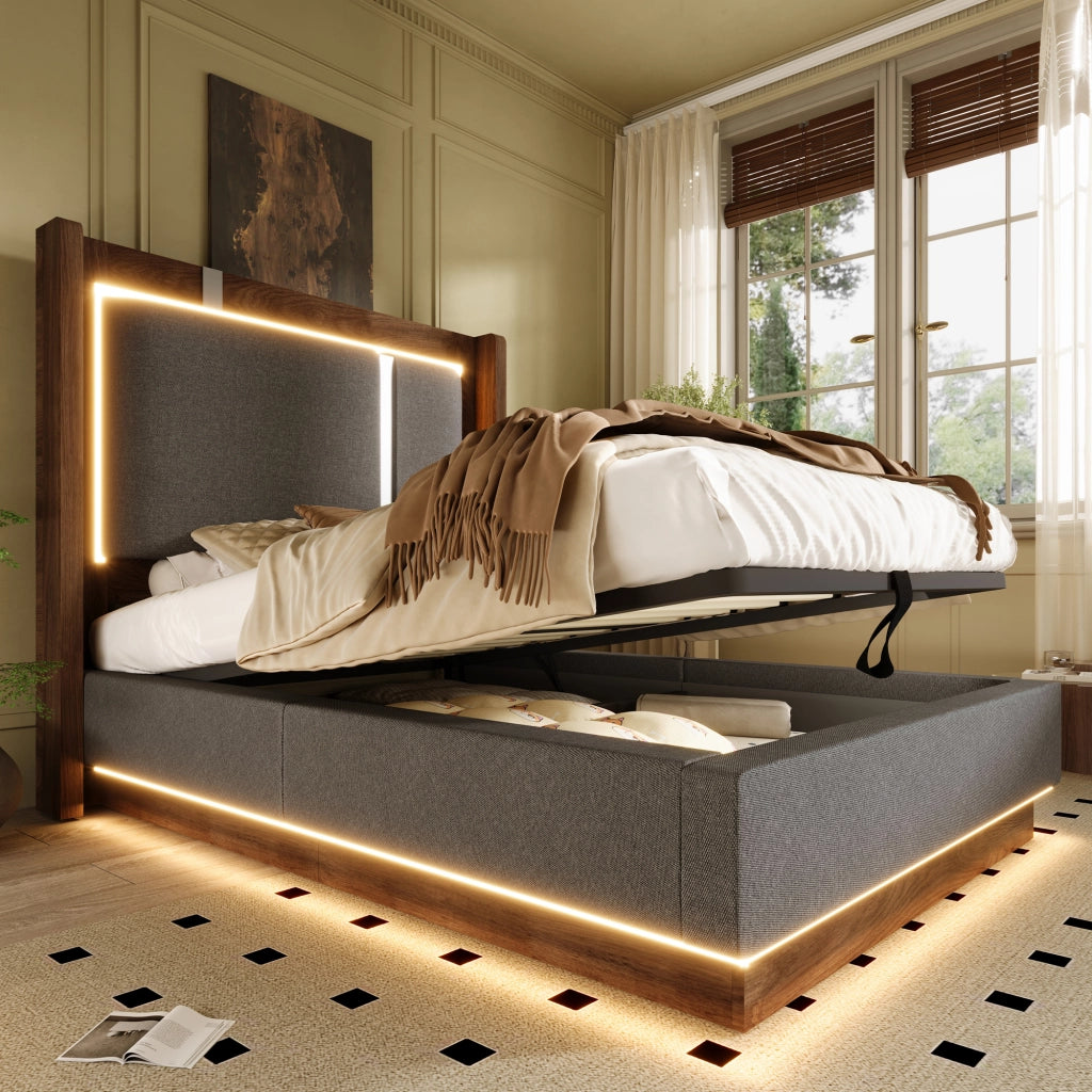 LETTO 90x200 cm con LED, contenitore, lino grigio e noce