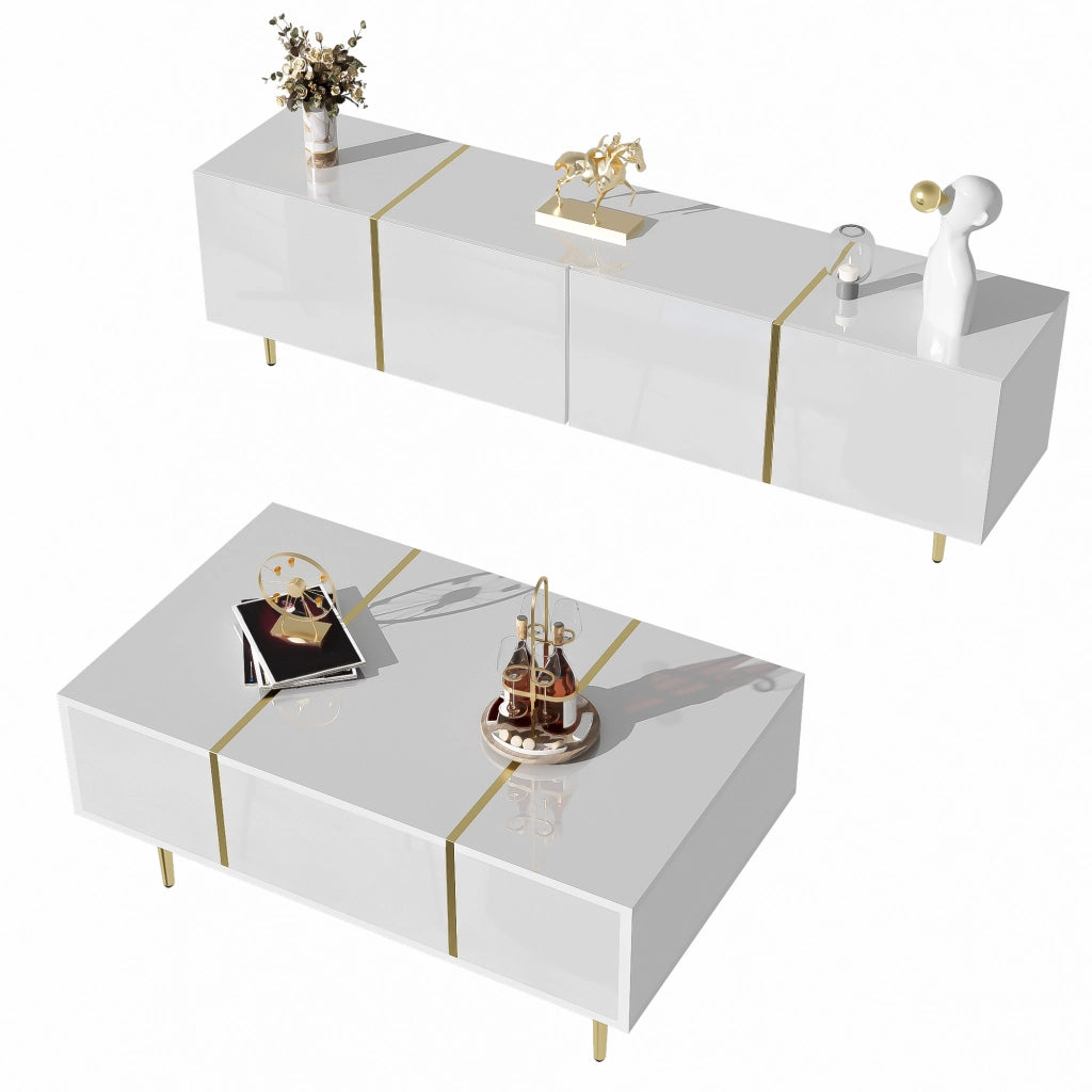 Set Mobile TV e Tavolino Bianco Lucido 170 cm in MDF con Dettagli Dorati