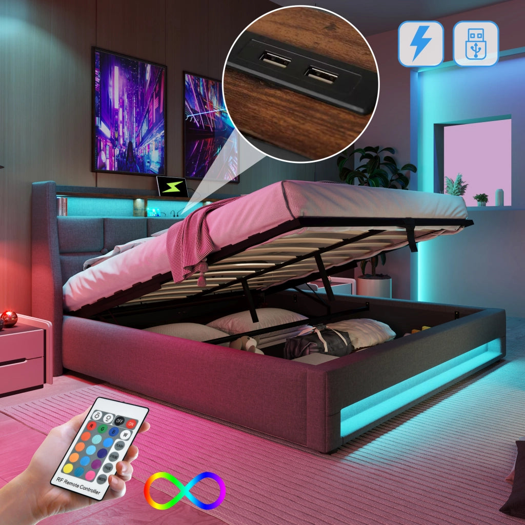 LETTO Imbottito 140x200 cm Grigio in lino con LED e USB