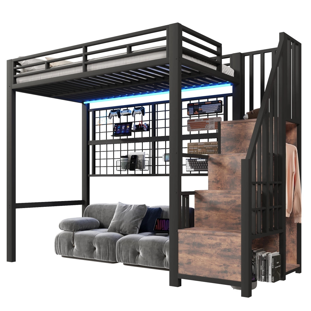 LETTO ALTO 90 x 200 cm con armadio, scala contenitore, LED, nero