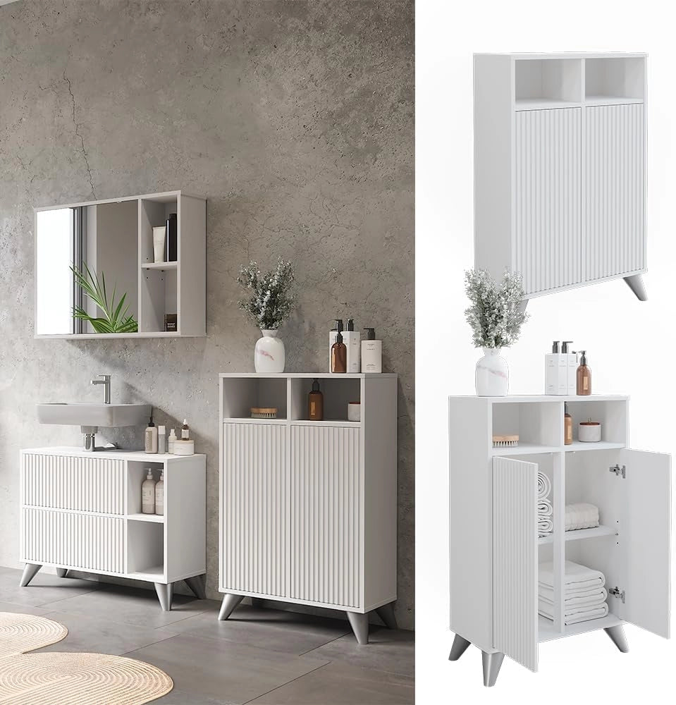 Mobiletto midi Leano, Bianco, 60 x 97 cm con 2 porte, adatto per la conservazione di articoli da bagno e asciugamani