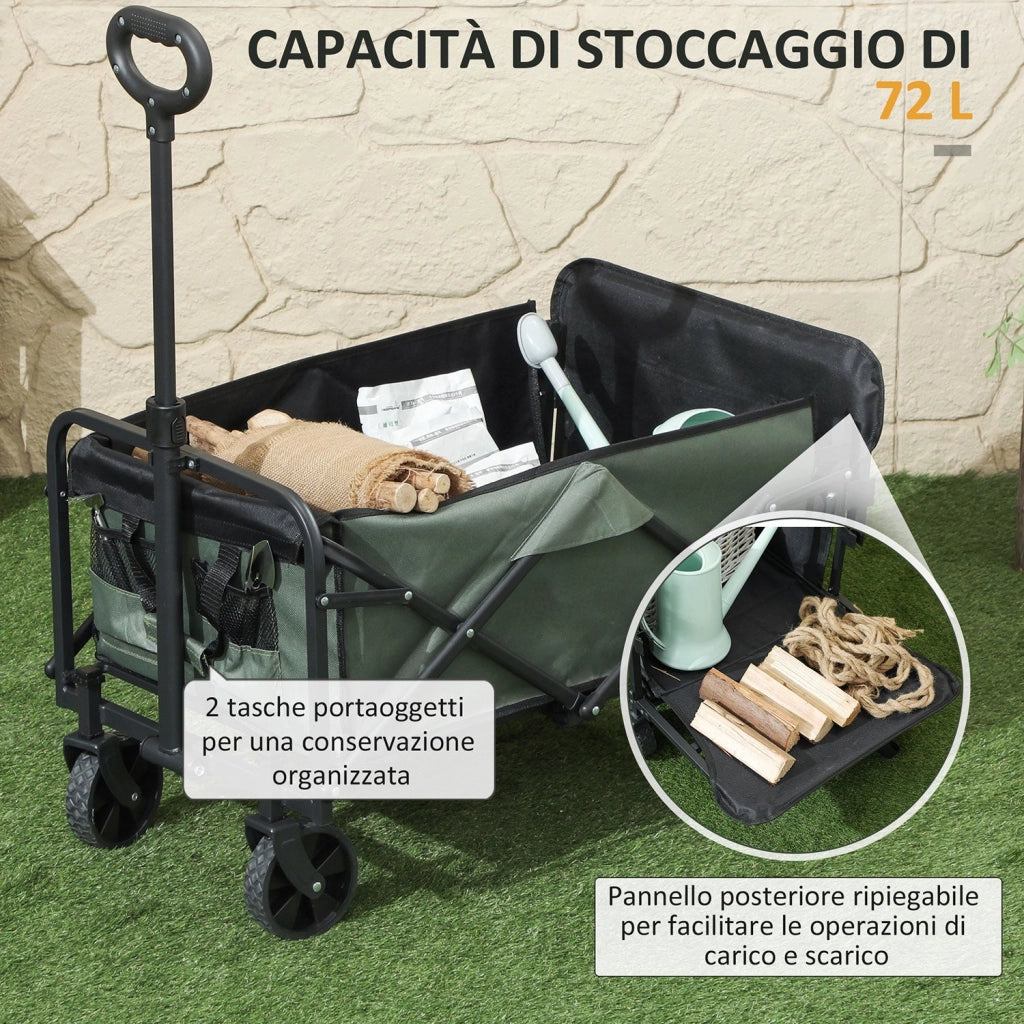 Carrello da Giardino 114x46x65-92 cm Capacità 72L Pieghevole con Pannello Apribile in Acciaio e Poliestere Verde
