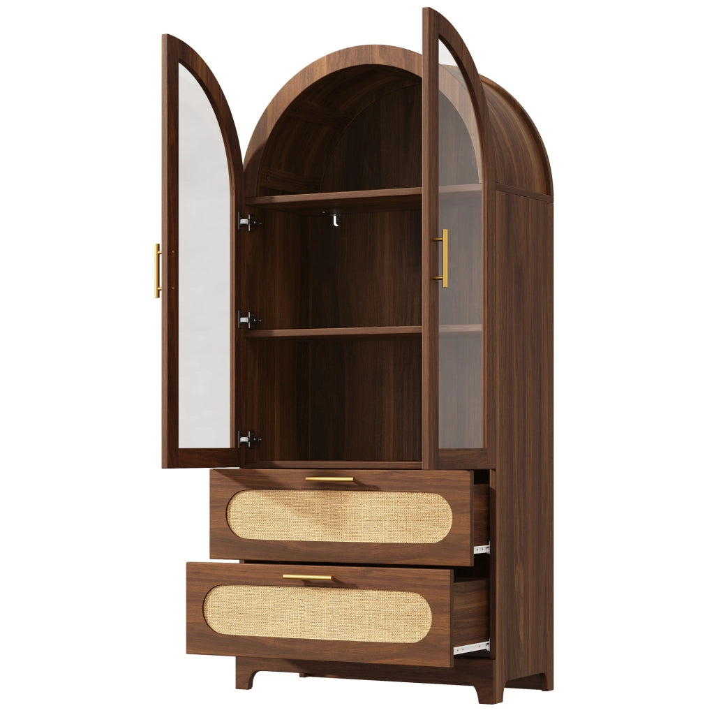 Vetrina Montmartre con arco, 175x80x40 cm, libreria con 2 cassetti regolabili, design retro in noce