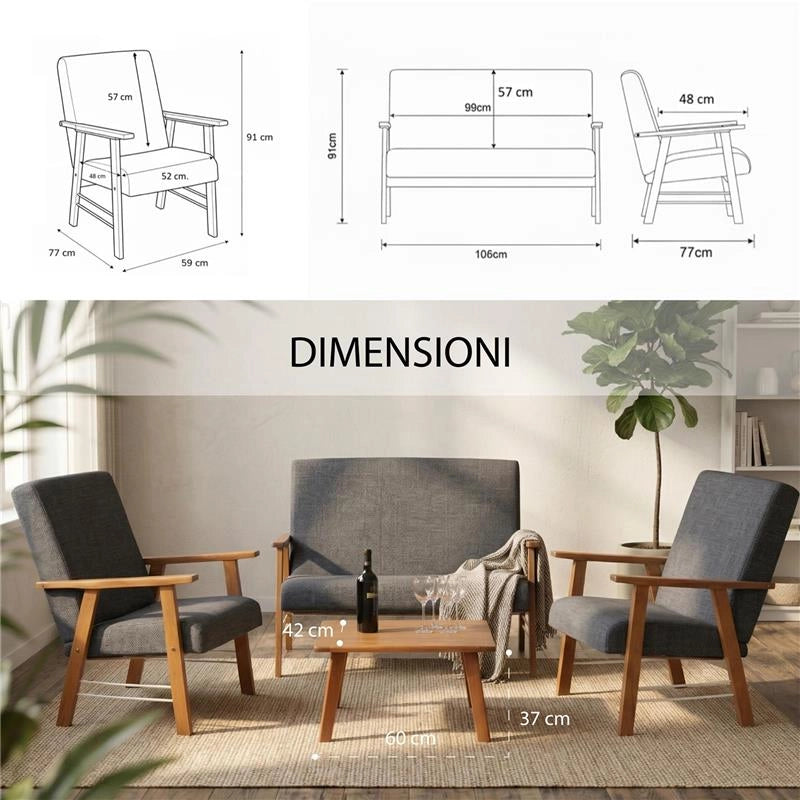 SET SALOTTO DA GIARDINO CON DIVANO, 2 POLTRONE + TAVOLINO IN LEGNO TABACCO E TESSUTO COLORE GRIGIO